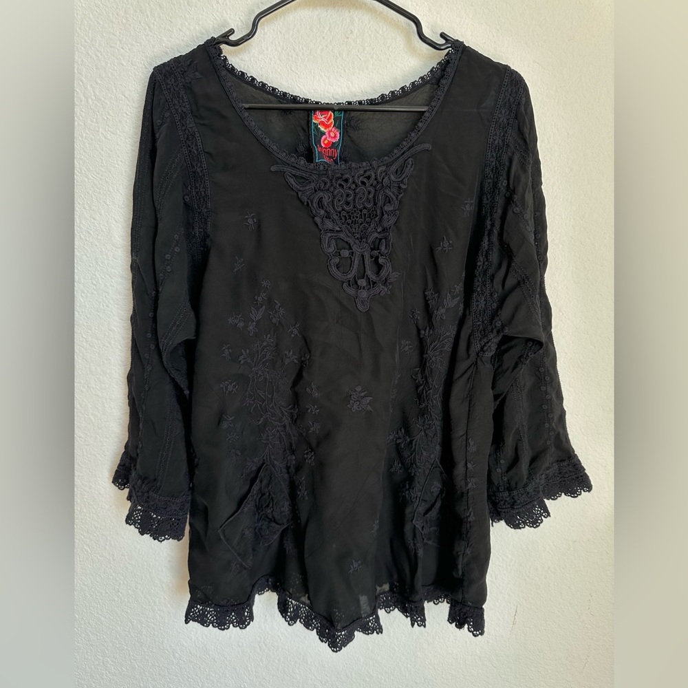 Johnny Was Embroidered Crochet-Trim floral Tunic Dress XL bohemian